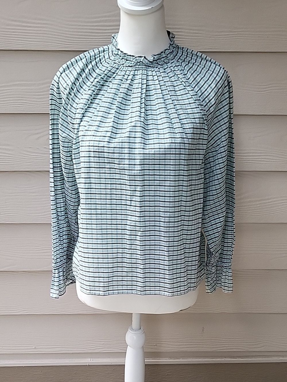 J.Crew Blue Plaid Smocked Neck Ruffle Blouse Size Small Cotton Long Sleeve Top